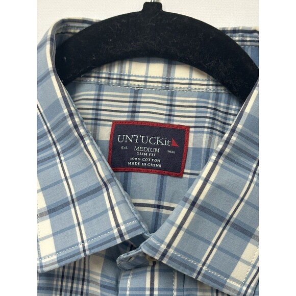 Untuckit Button Down Shirt Mens Medium Blue White Plaid Cotton Flannel - Picture 4 of 12